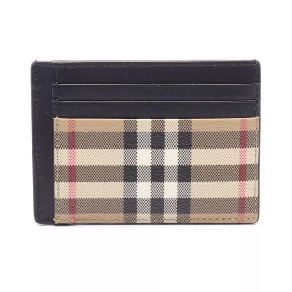 Auth BURBERRY check Card Holder 8084170 canvas leather Beige Black Multicolor NE